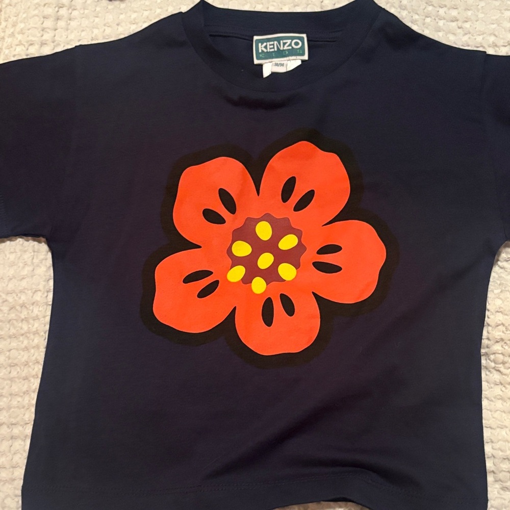 Kenzo Kids Dark Blue Tee with Vibrant Orange Flower